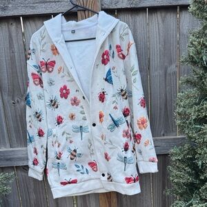 Floral and Insect Patterned White Hoodie